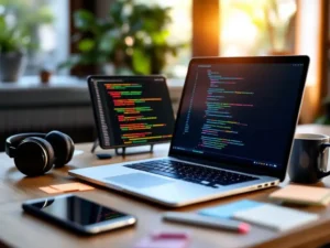 Developer's laptop displaying colorful code on wooden desk with smartphone, headphones, coffee mug, and sticky notes