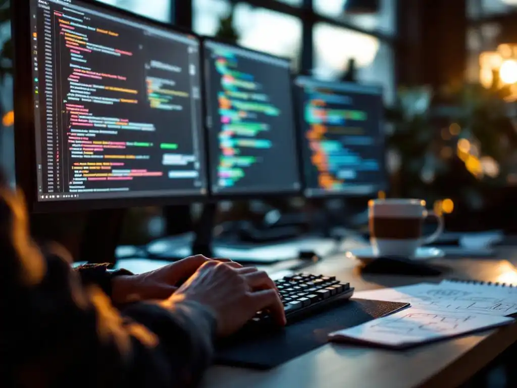 Software developer typing on mechanical keyboard with multiple monitors displaying code repositories in modern office setup.