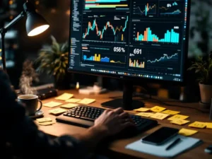 Developer typing on mechanical keyboard at modern workspace with data visualization charts on monitor and coffee mug nearby.