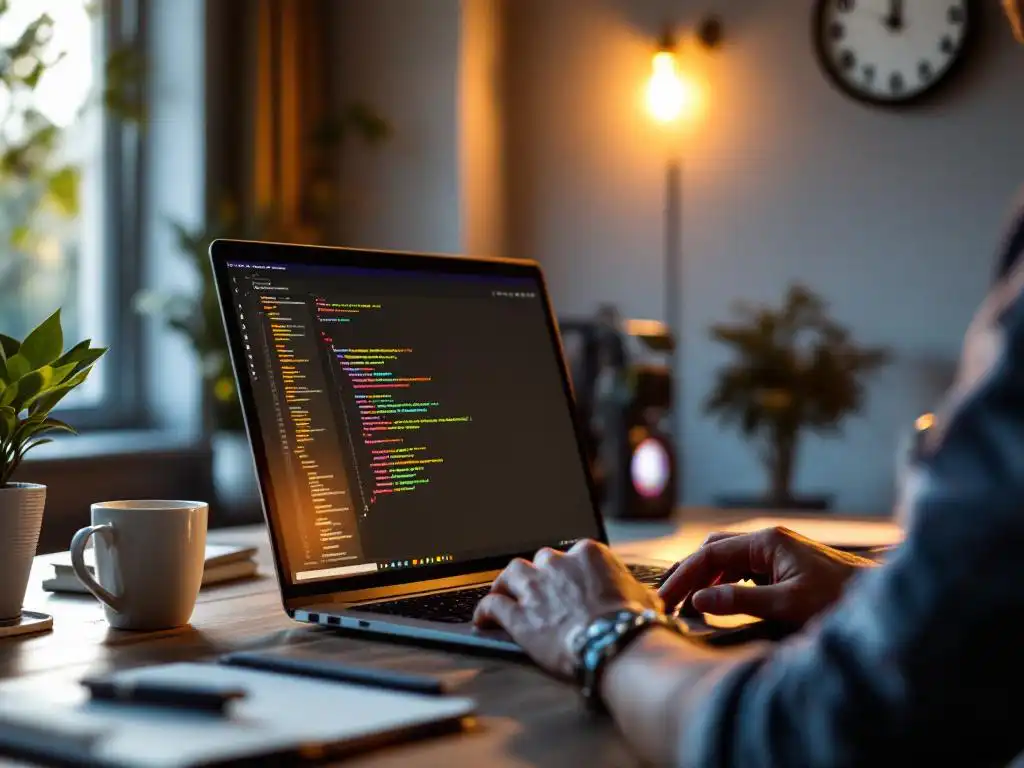 Developer typing colorful code on laptop at organized desk with coffee mug, notebook, and plant in warm natural light.