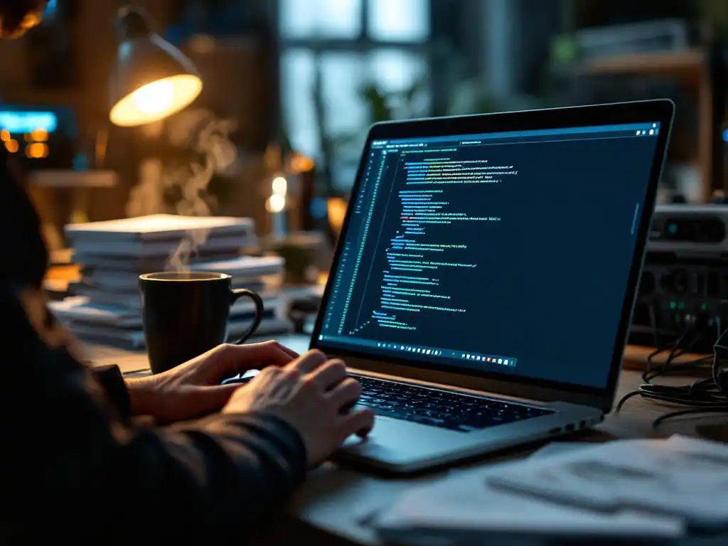 Developer typing on laptop displaying code with coffee mug, technical manuals, and server equipment on illuminated desk