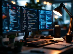 Software developer typing at multi-monitor workstation displaying colorful code with mechanical automation elements and coffee cup