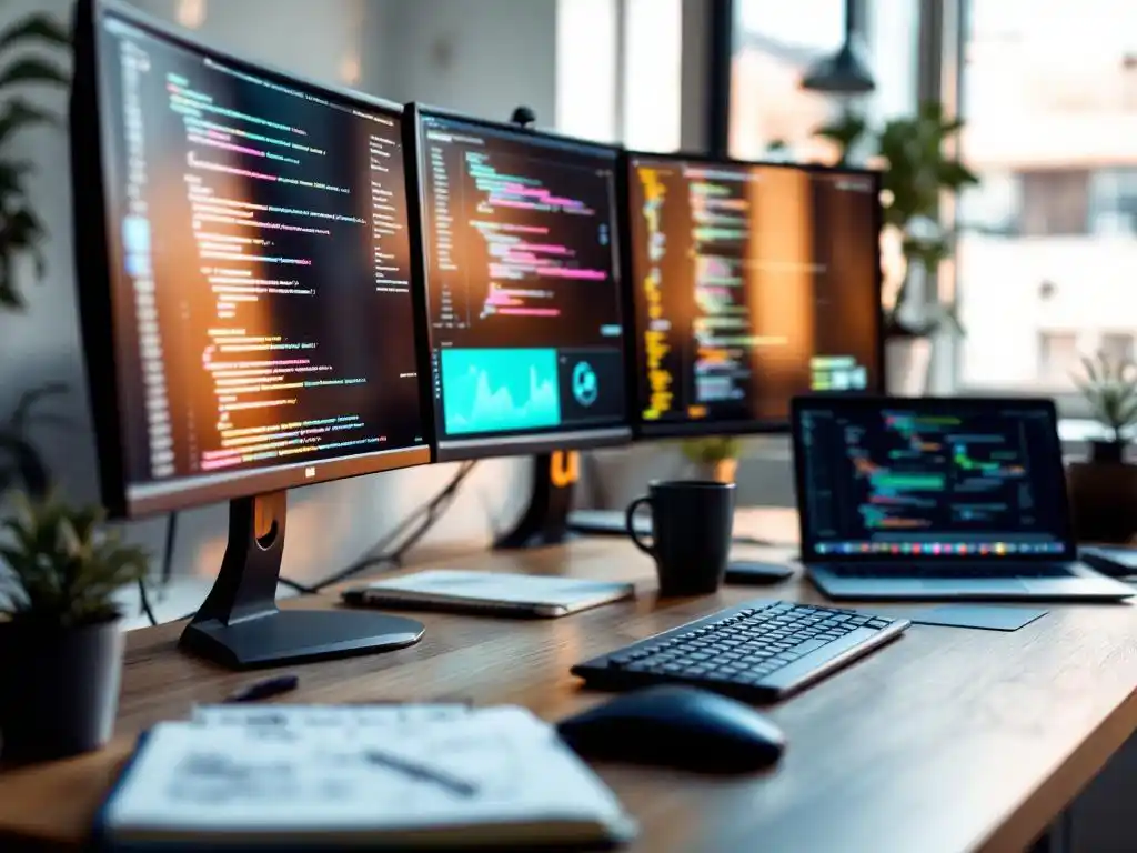 Developer workstation with multiple monitors displaying code and deployment pipelines, laptop showing metrics, coffee and notes on desk
