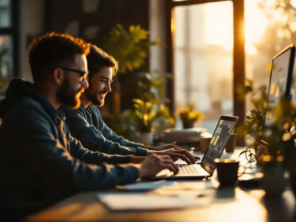 Software developer and IT operations engineer collaborating at laptop, hands reaching toward keyboard in modern office workspace.
