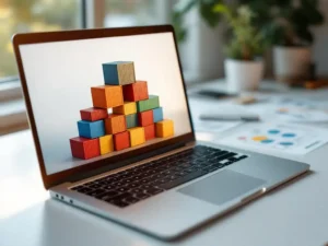 Modern laptop displaying colorful container blocks on screen with physical shipping container model on keyboard and DevOps diagrams on desk