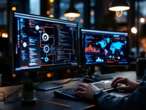 Developer typing at dual-monitor workspace displaying code pipelines and server dashboards with integrated mechanical gears.