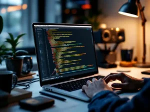 Developer typing code on MacBook Pro at modern desk with Docker containers, Kubernetes gears, and Jenkins pipeline tools