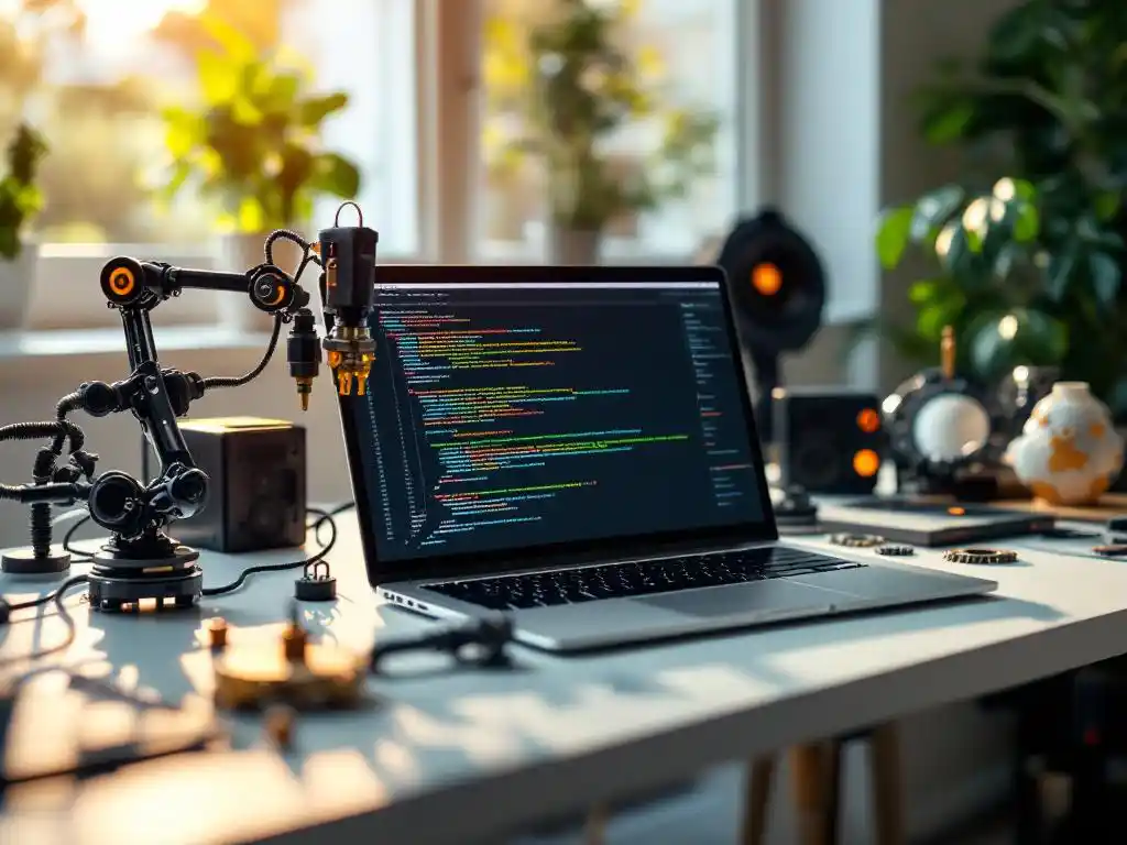 Software developer's laptop displaying colorful code surrounded by miniature DevOps tools and automation models on white desk
