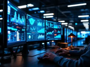 DevOps engineer typing on keyboard at workstation with multiple monitoring dashboards on curved screens in server room