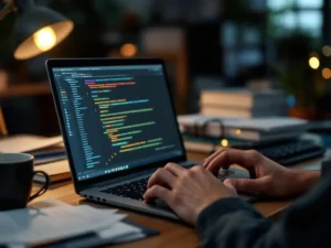 Laptop displaying colorful code deployment pipelines on stack of IT manuals with keyboard, coffee, and cables on desk.