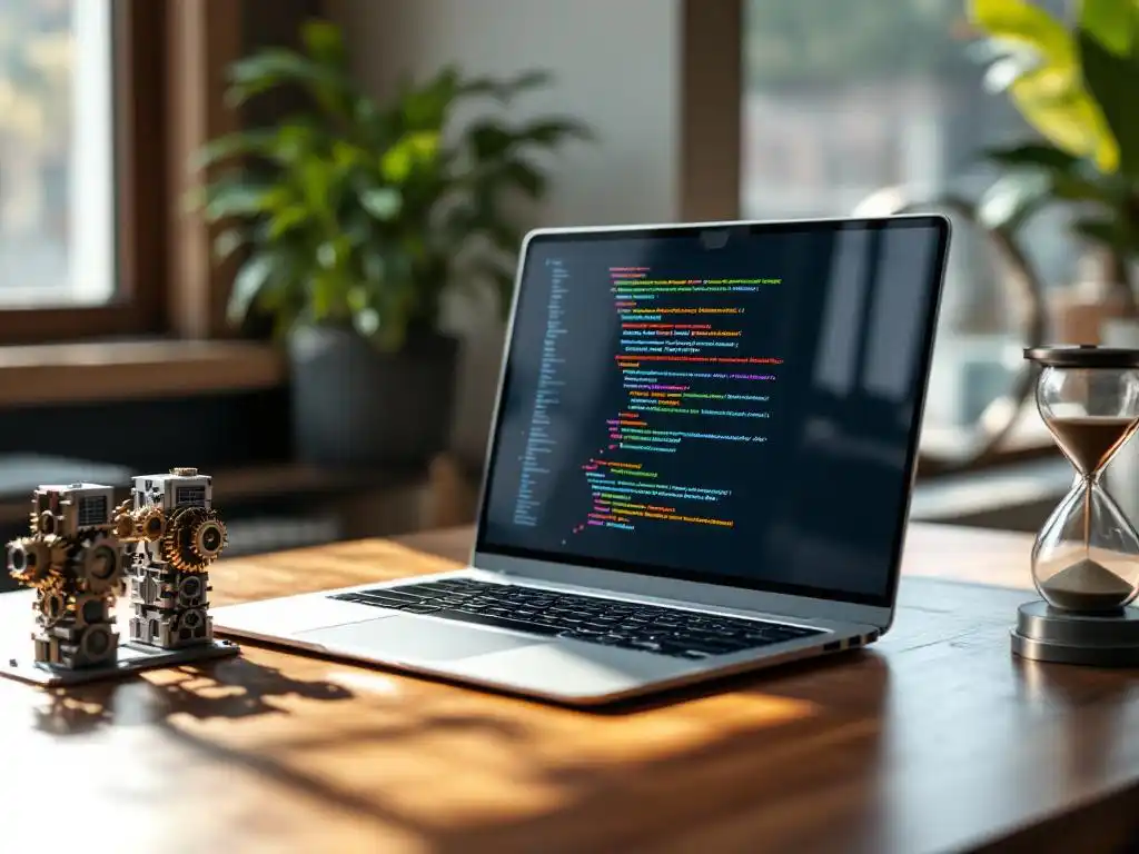 Laptop displaying colorful code on wooden desk with DevOps symbols: metal gears, server bridge, hourglass, and steel arrow