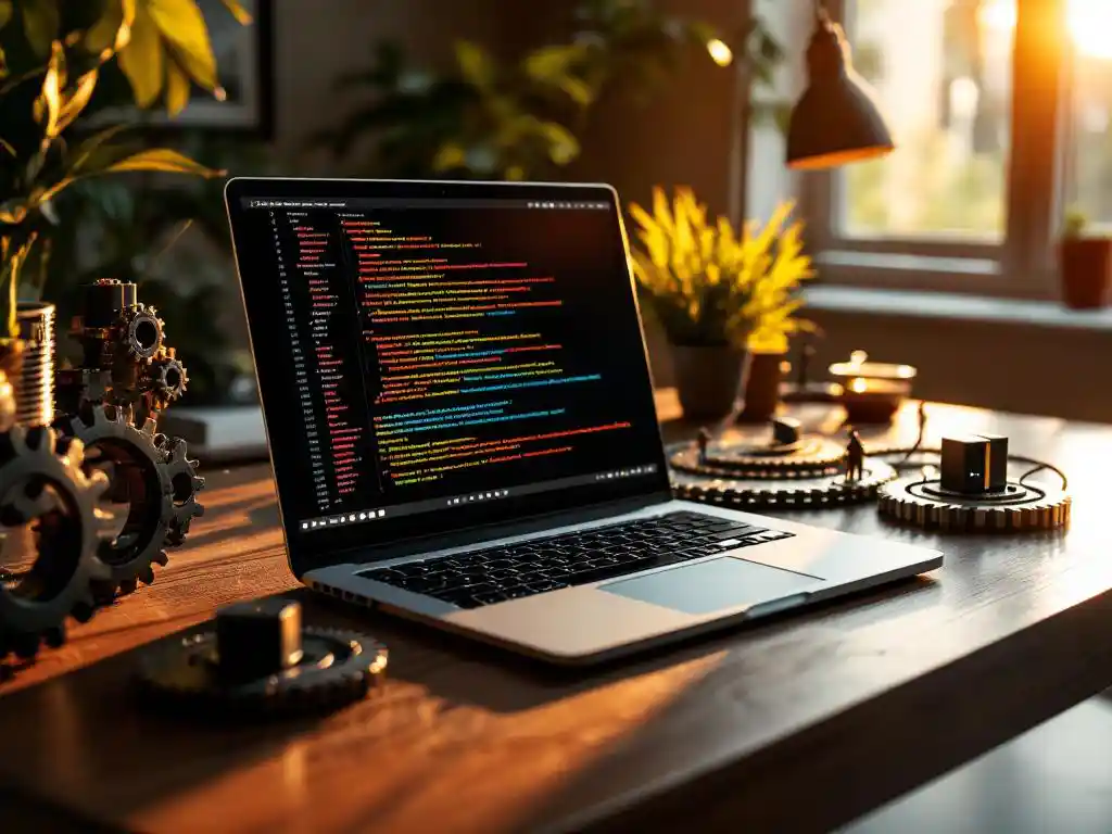 Laptop displaying colorful code on wooden desk surrounded by DevOps tools including metal gears and server models