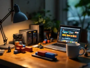 Miniature DevOps workspace with tiny server rack, laptop showing deployment pipelines, and shipping container models on wooden desk