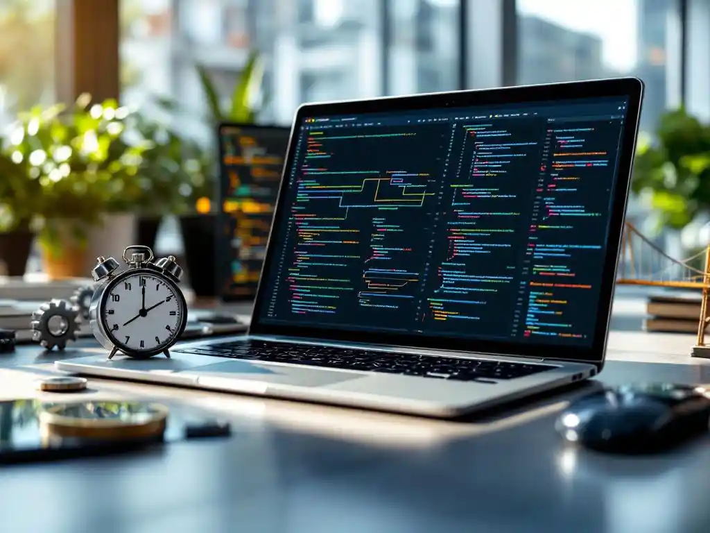 Modern office desk with laptop displaying colorful code deployment pipelines, surrounded by metal gears, stopwatch, and bridge model representing DevOps benefits.
