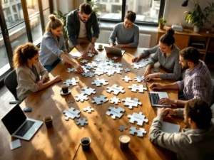 Diverse team of professionals collaborating to assemble puzzle pieces representing software development on wooden table