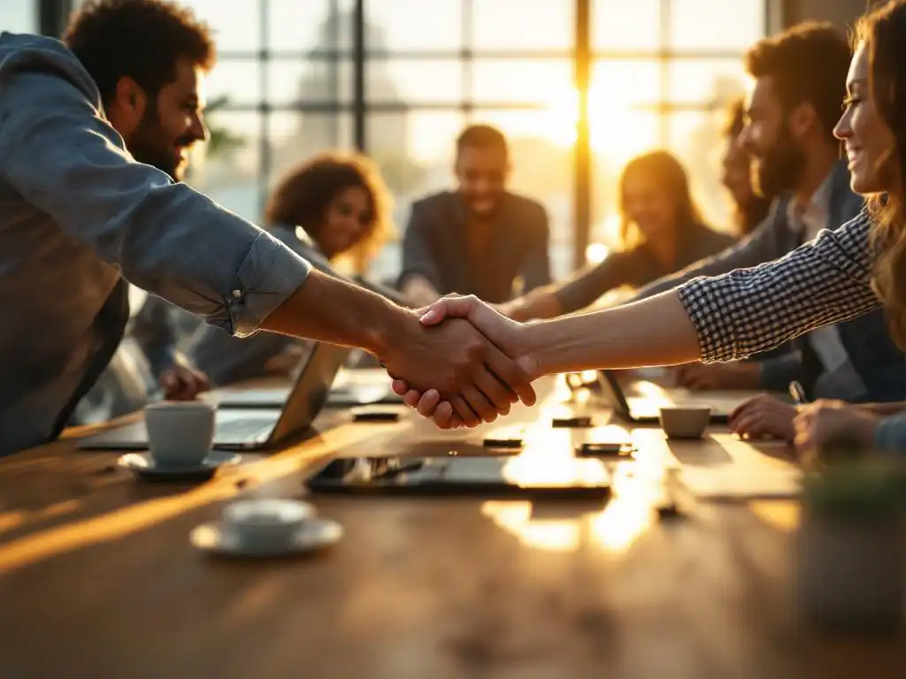 Diverse team of professionals joining hands together above laptops on conference table in collaborative workplace meeting.