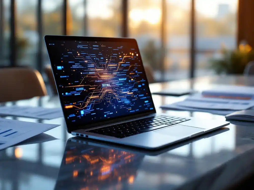 Modern laptop displaying luminescent code streams on marble conference table with business documents transforming to digital particles.