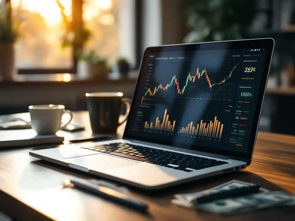 Laptop displaying financial charts on wooden desk with calculator, dollar bills, and coffee mug in warm office lighting.