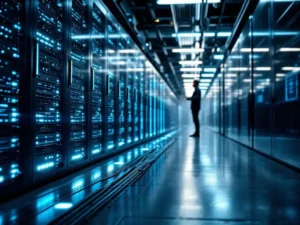 Server rack with glowing blue GPU units and fiber optic cables in modern data center, technician adjusting connections