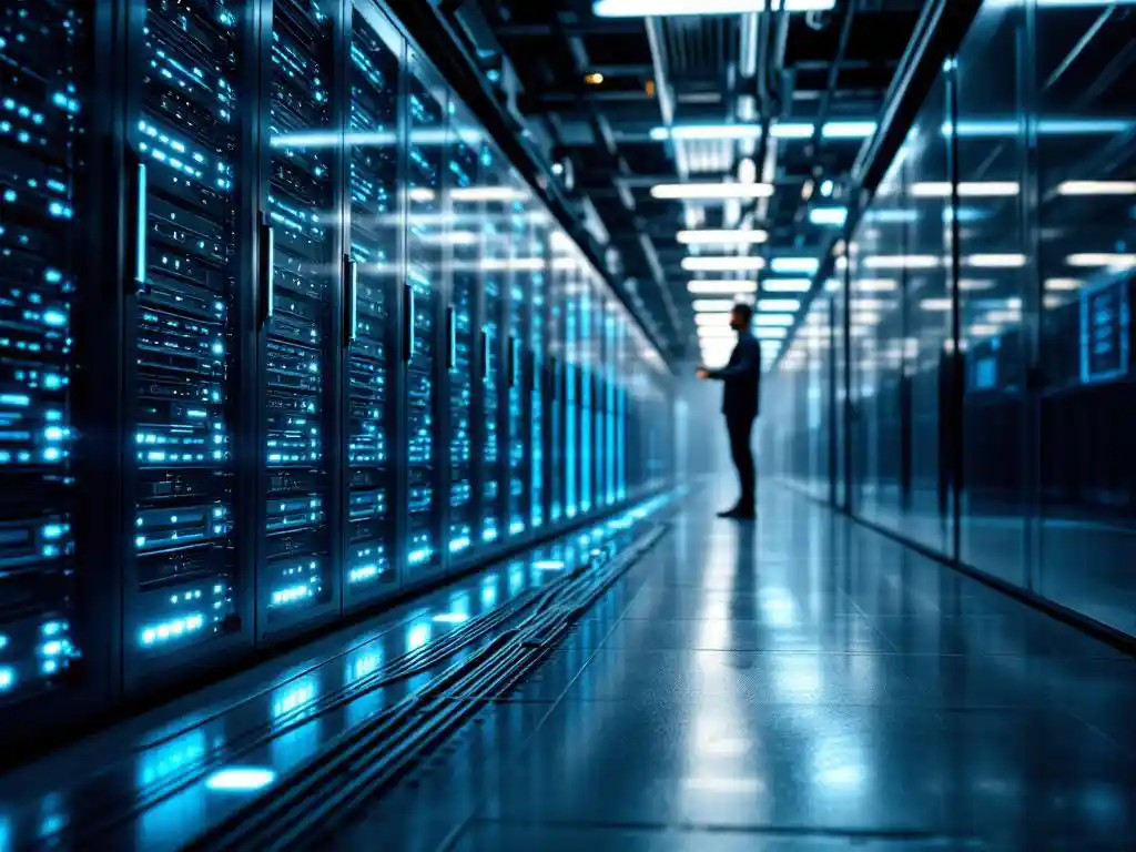 Server rack with glowing blue GPU units and fiber optic cables in modern data center, technician adjusting connections