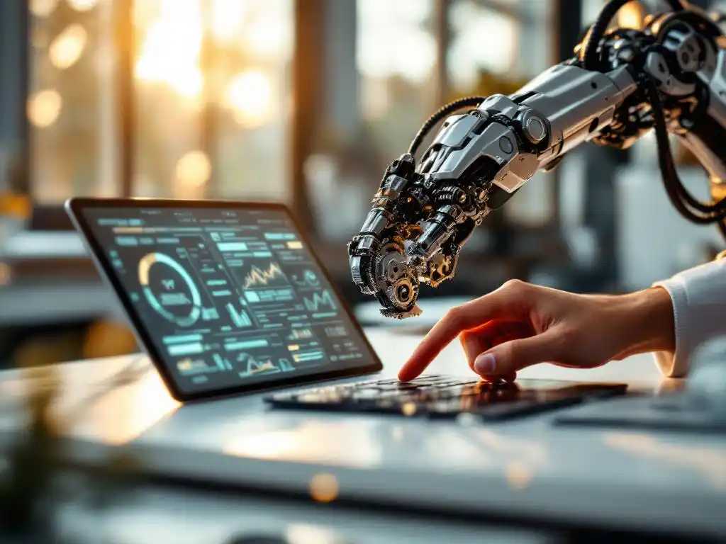 Robotic arm assembling mechanical gears while human hand operates tablet, collaborating on white workbench in golden light.