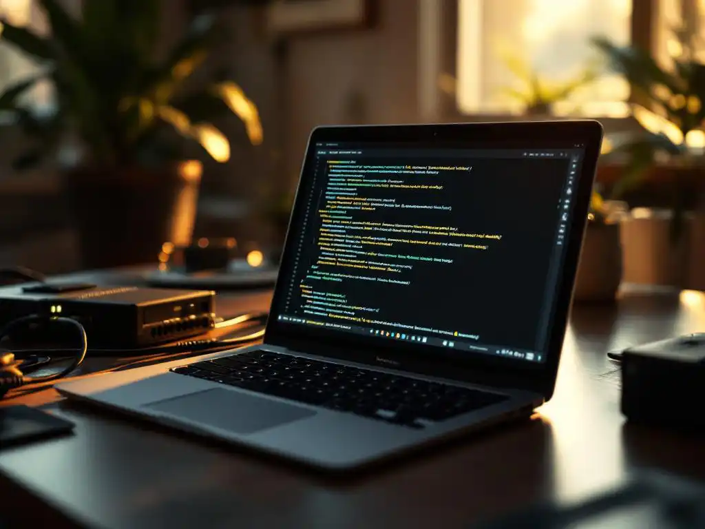 Modern laptop displaying infrastructure code on wooden desk with server hardware components in golden hour lighting