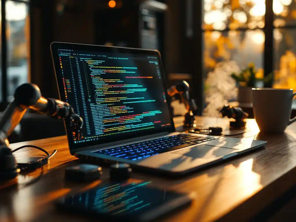 Open laptop displaying colorful code on wooden desk with robotic arms organizing server components and cables, coffee mug nearby
