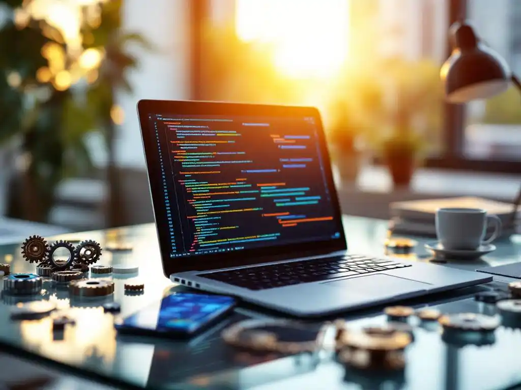 Open laptop displaying colorful code deployment pipelines on glass desk with mechanical gears and smartphone in warm lighting