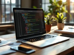 Laptop displaying colorful code deployment pipelines on wooden desk with business documents, coffee stains, and plant nearby