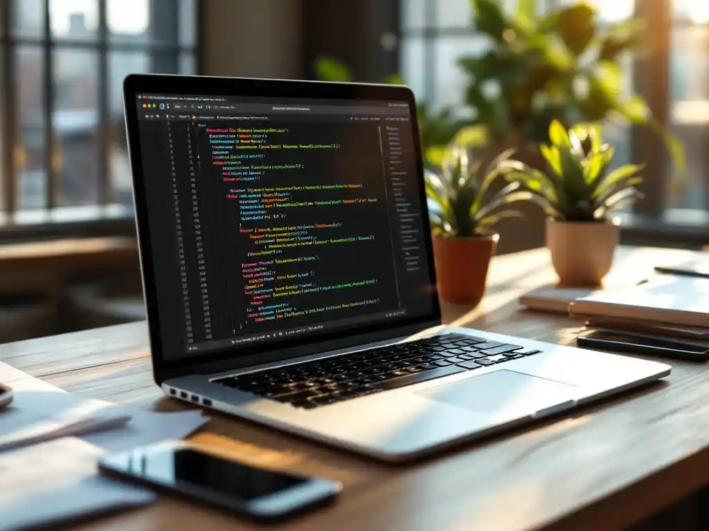 Laptop displaying colorful code deployment pipelines on wooden desk with business documents, coffee stains, and plant nearby