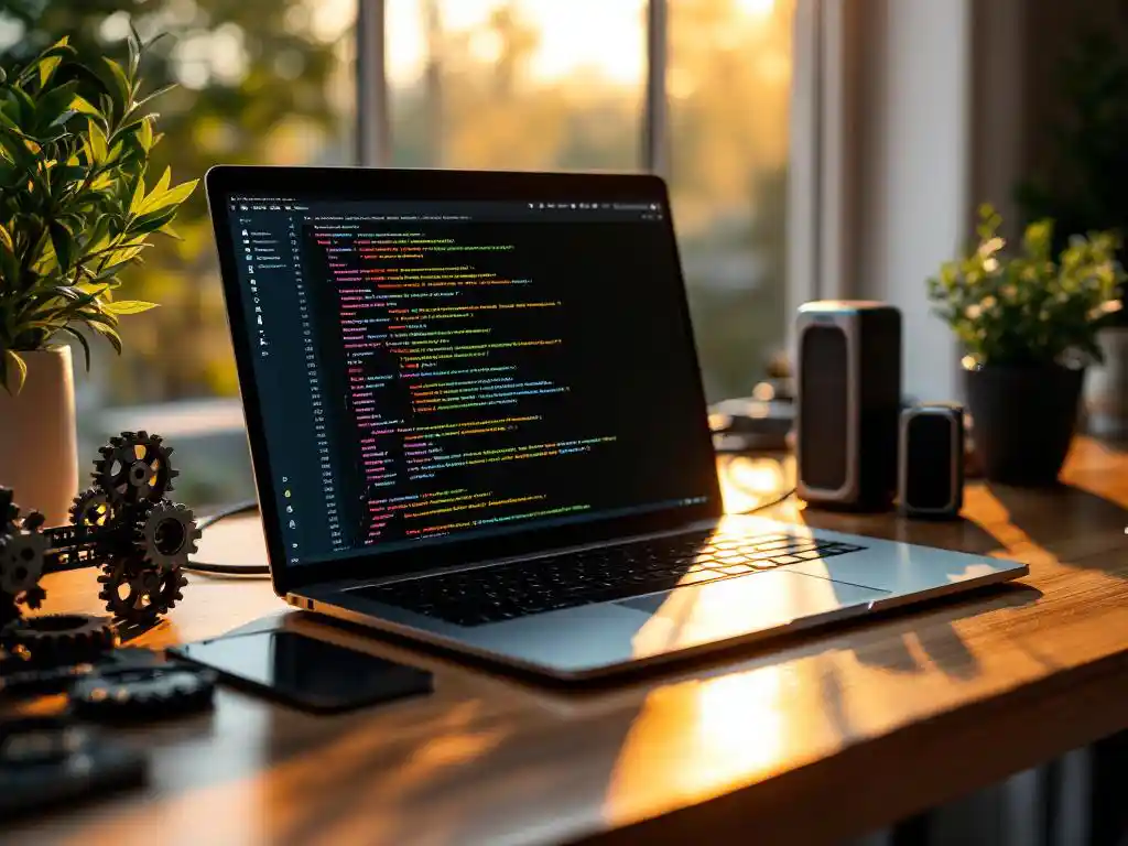 Modern laptop displaying colorful code on wooden desk with metal gears, server models, and network cables in golden sunlight