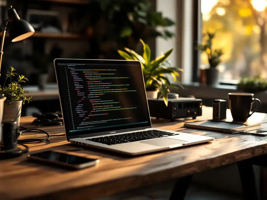 Open laptop displaying colorful code on wooden desk with DevOps tools, ethernet cables, and coffee mug in golden sunlight.
