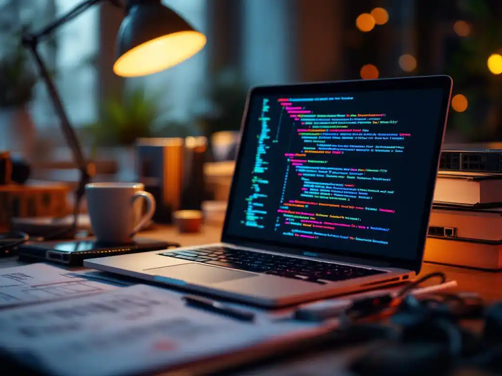Modern laptop displaying colorful code on screen sits on stack of server manuals with ethernet cables and coffee mug on desk
