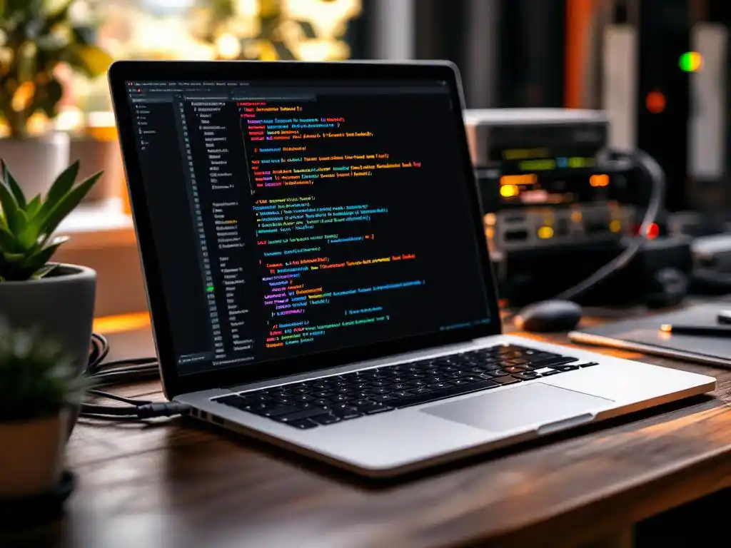 Laptop displaying colorful code on wooden desk with server hardware, ethernet cables, and small succulent plant in workspace