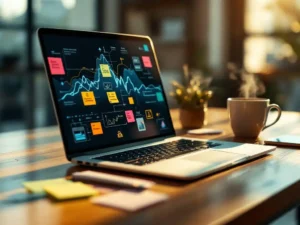 Modern laptop displaying data streams on wooden desk with colorful sticky notes, workflow diagrams, and coffee mug in workspace.