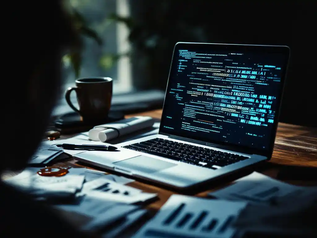 Laptop displaying AI code with glitched pixelated screen, spilled coffee on scattered business documents with declining graphs on desk