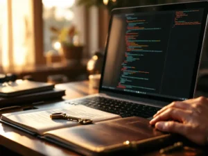 Modern laptop displaying open-source code on mahogany desk with leather software license folder and brass key in warm sunlight