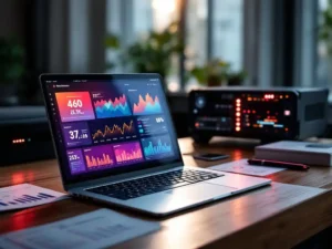 Modern laptop displaying colorful performance graphs on wooden desk next to AI server with LED lights and technical documents
