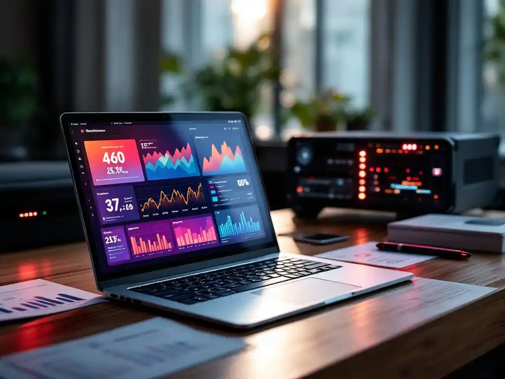 Modern laptop displaying colorful performance graphs on wooden desk next to AI server with LED lights and technical documents