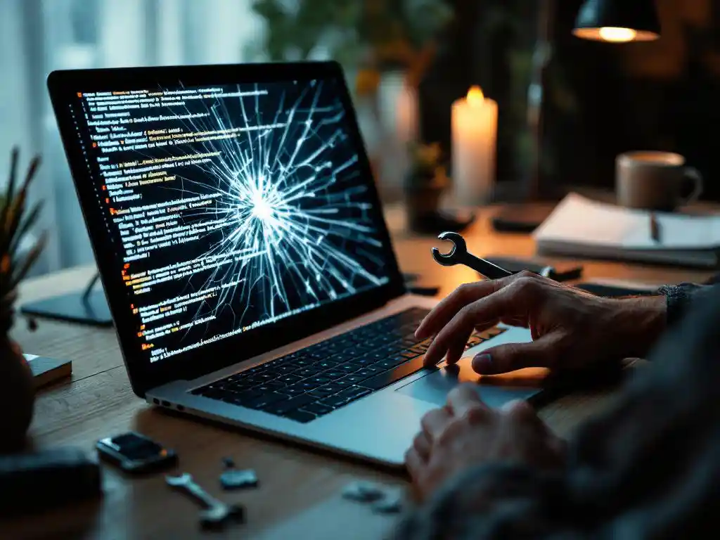 Person with wrench repairing cracked laptop screen displaying error messages on wooden desk with circuit boards and tools