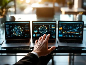 Professional's hand hovering over three laptops displaying AI interfaces on glass desk with natural lighting.