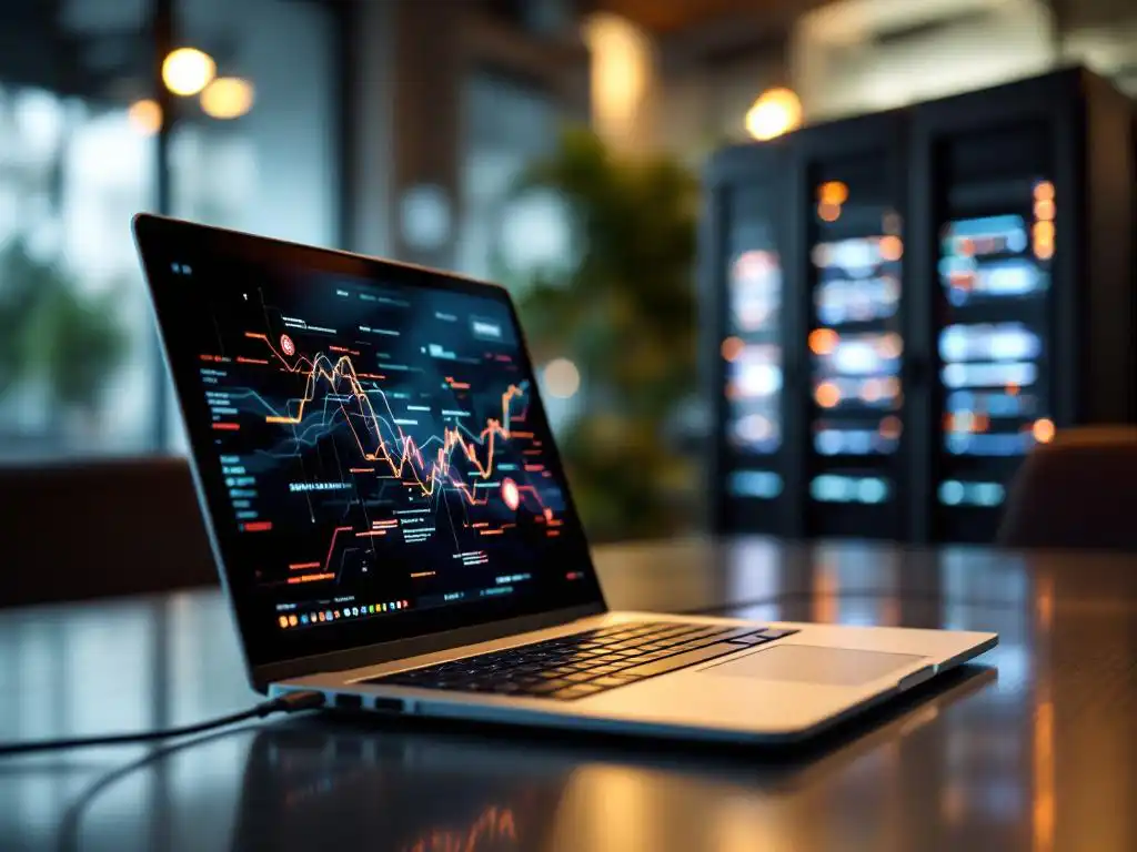 Modern laptop with data streams connected to server rack with blinking lights on conference table in bright office