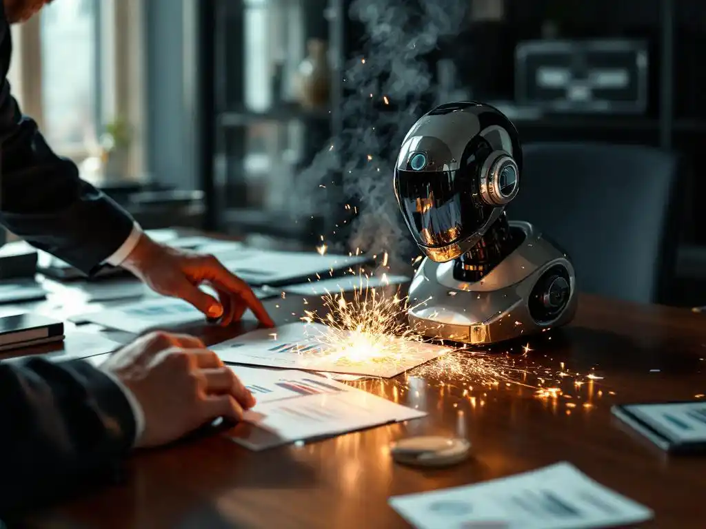 Malfunctioning AI robot assistant sparking on modern office desk with businessman reaching toward device and scattered documents