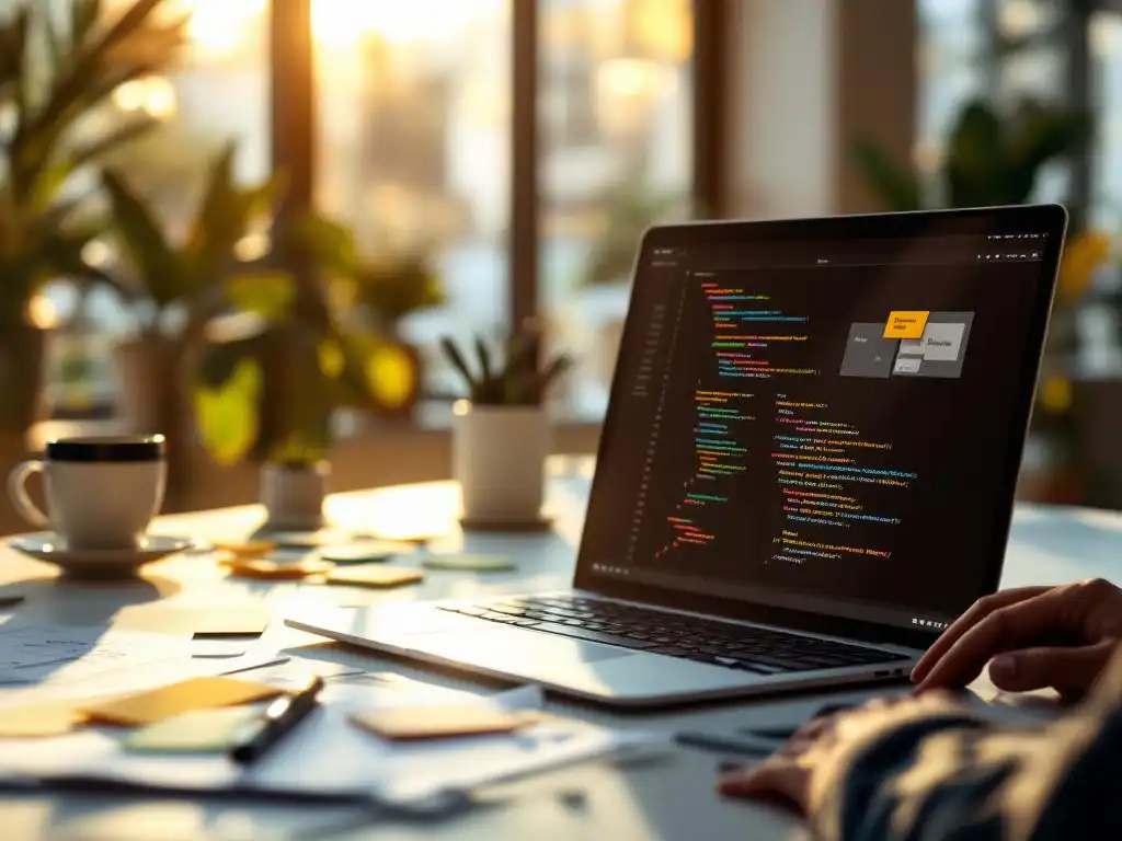 Laptop displaying colorful development code on modern office desk with sticky notes, coffee mug, and planning documents