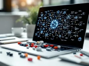 Laptop displaying network diagram on modern desk with LEGO blocks, coffee cup, and notepad in bright office workspace.