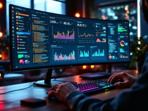 Software engineer monitoring pipeline dashboard with real-time metrics on curved monitor while typing on mechanical keyboard