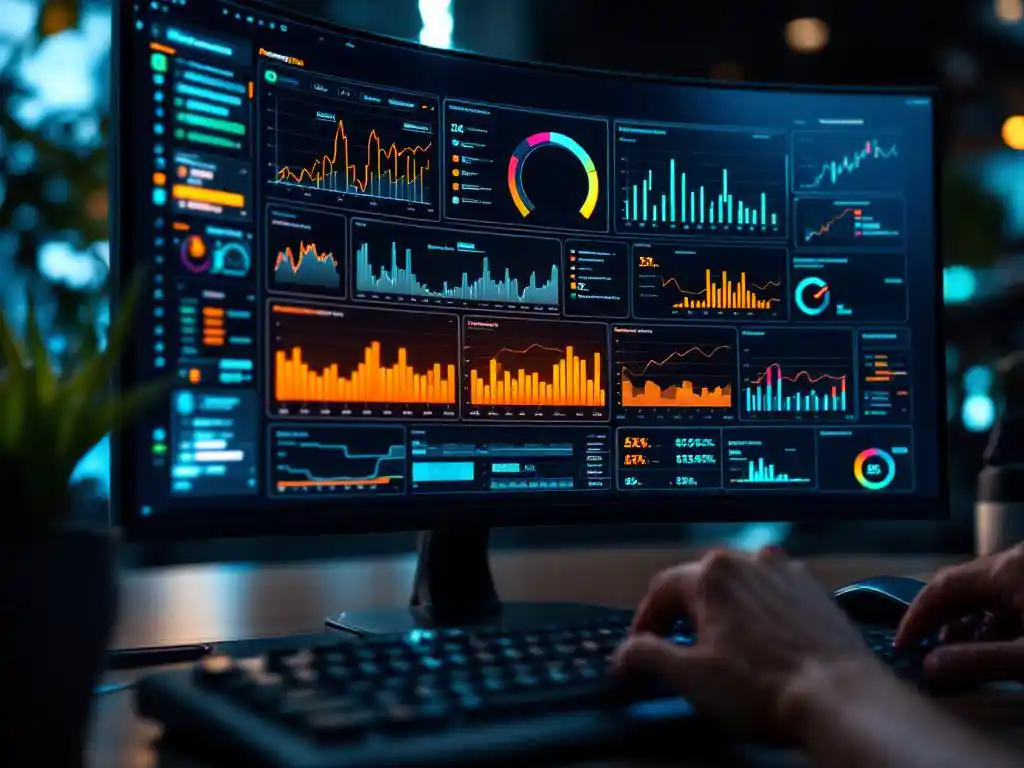 Software engineer monitoring data dashboard with colorful charts and system metrics on curved computer screen in modern office
