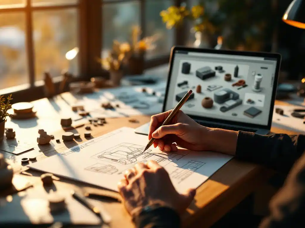 Designer's hand sketching product concepts on paper next to laptop displaying 3D prototype, with clay models and components on desk
