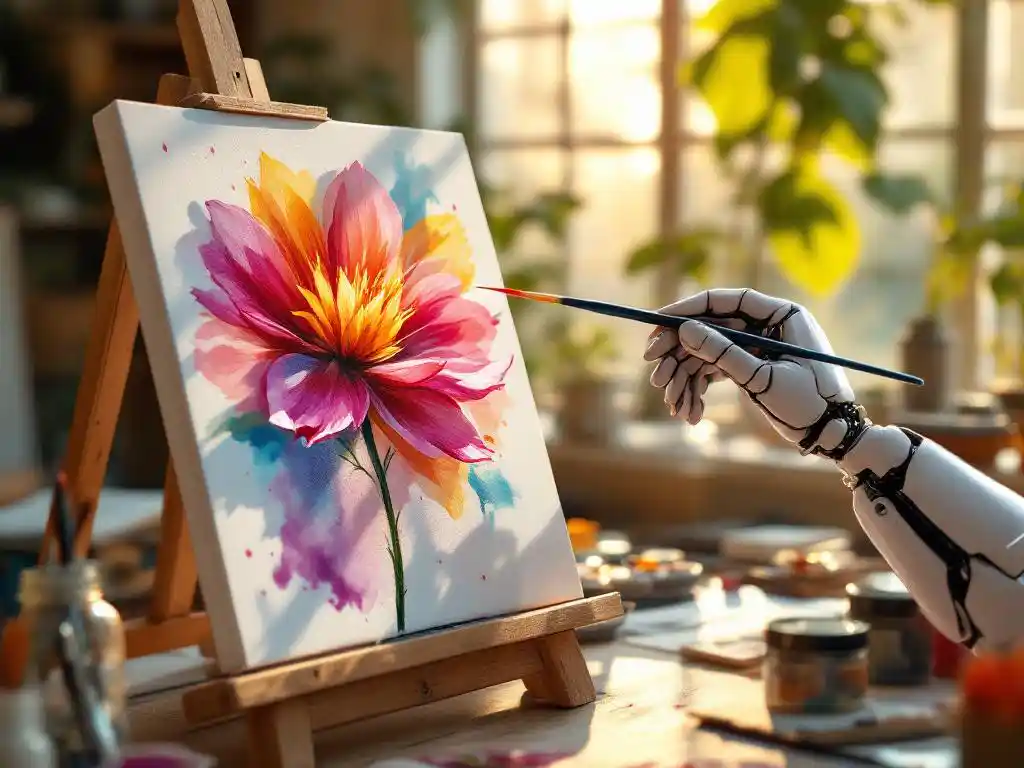 Robot hand painting watercolor flower on canvas in sunlit art studio with scattered supplies and warm lighting.