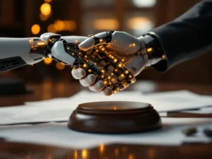 Humanoid robot hand reaching toward wooden gavel on mahogany desk with legal documents, symbolizing AI in law